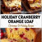Loaf of Cran Orange Bread topped with orange zest and cranberries on a wooden board for holiday baking.